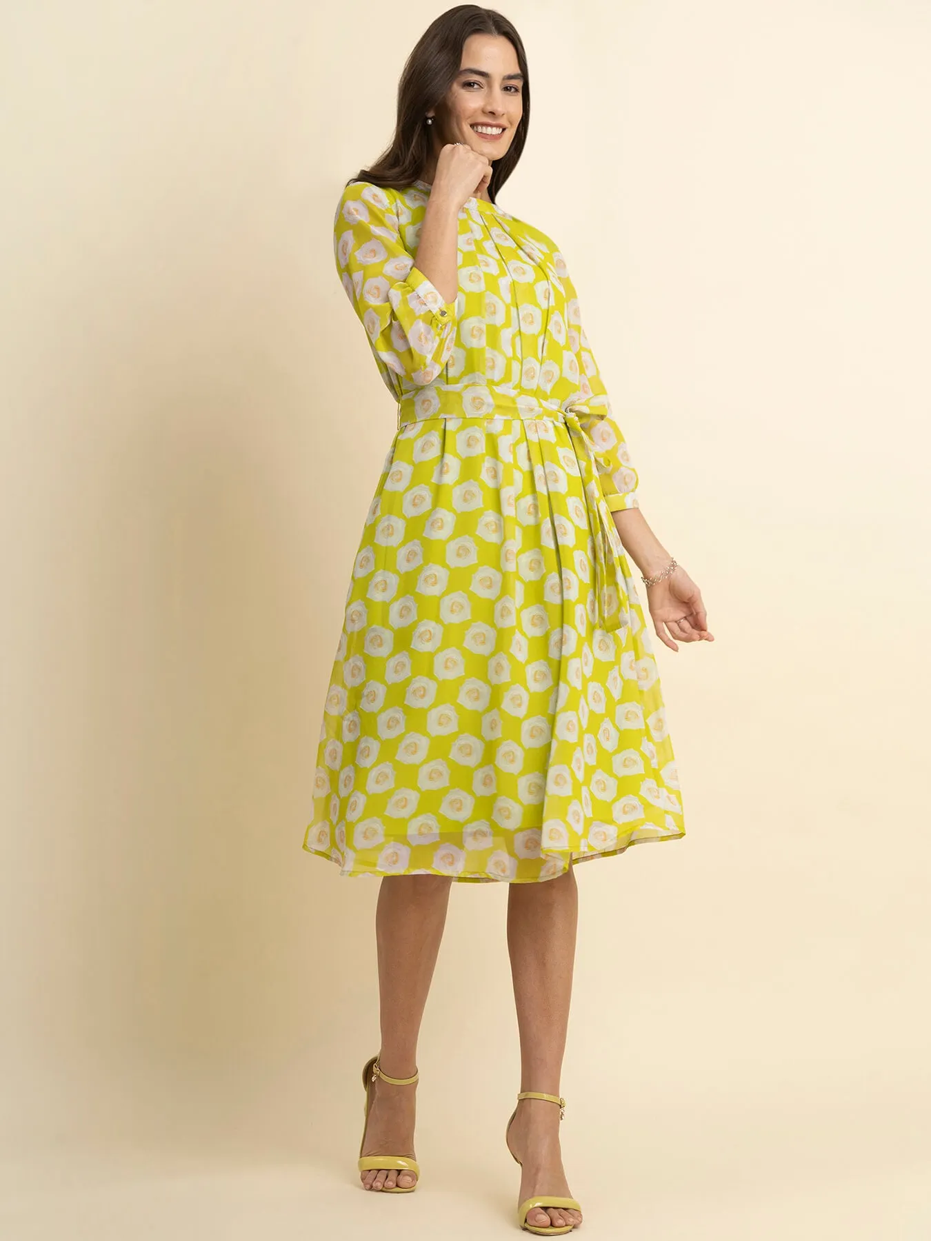 Georgette Floral A Line Dress - Acid Green and White