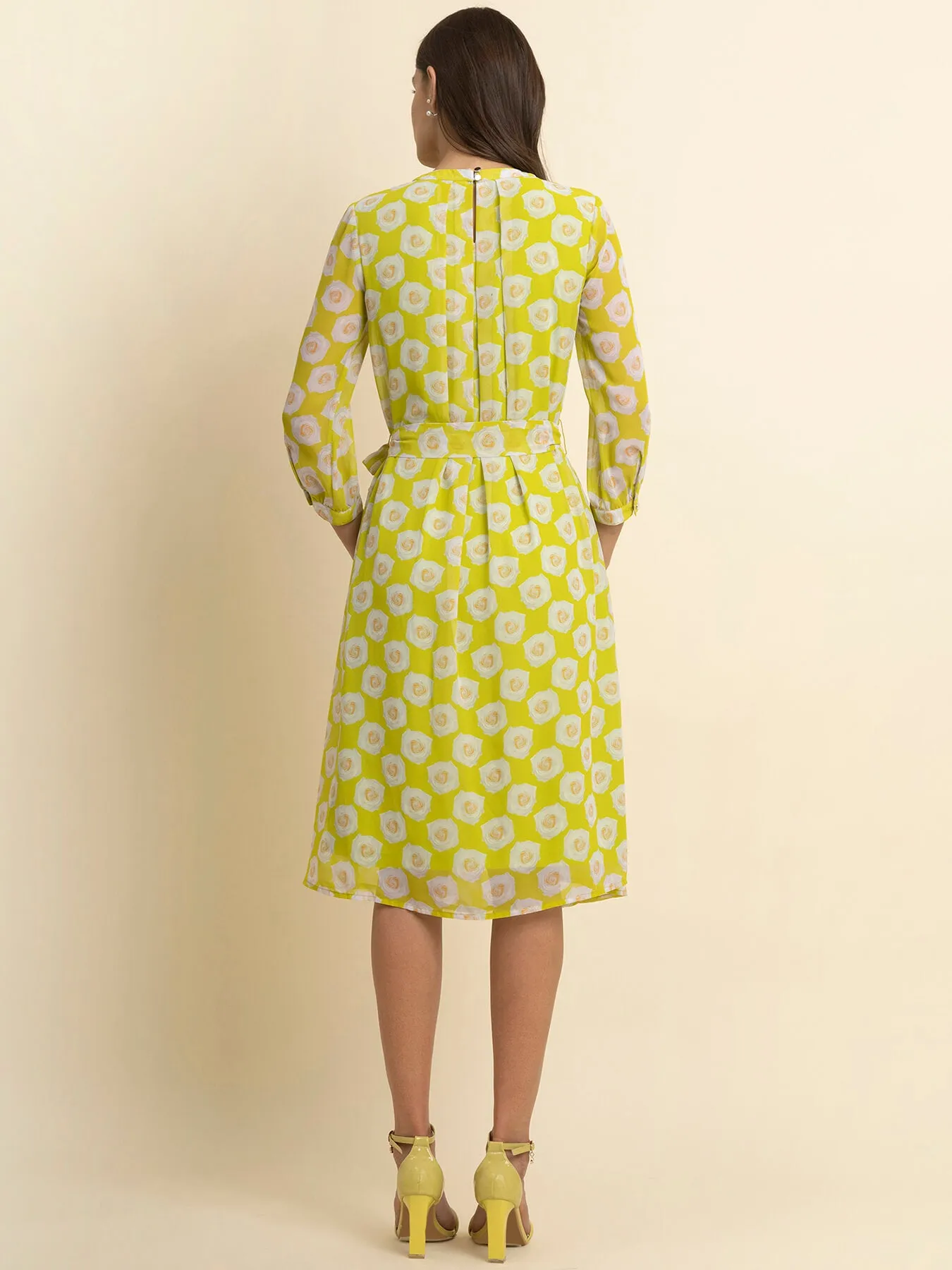 Georgette Floral A Line Dress - Acid Green and White