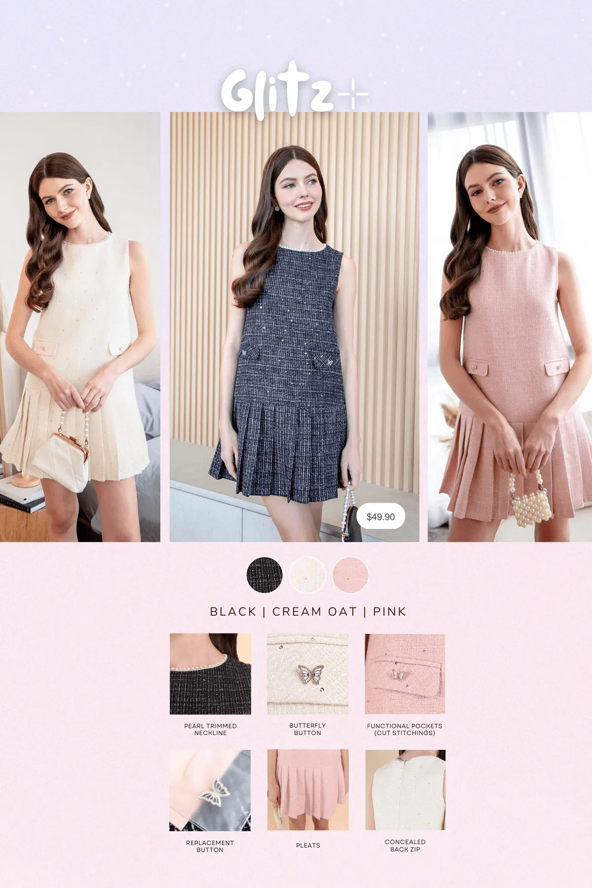 GLITZ PEARL TWEED PLEATED DRESS IN CREAM OAT