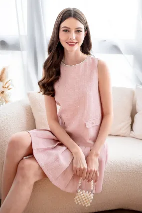GLITZ PEARL TWEED PLEATED DRESS IN PINK