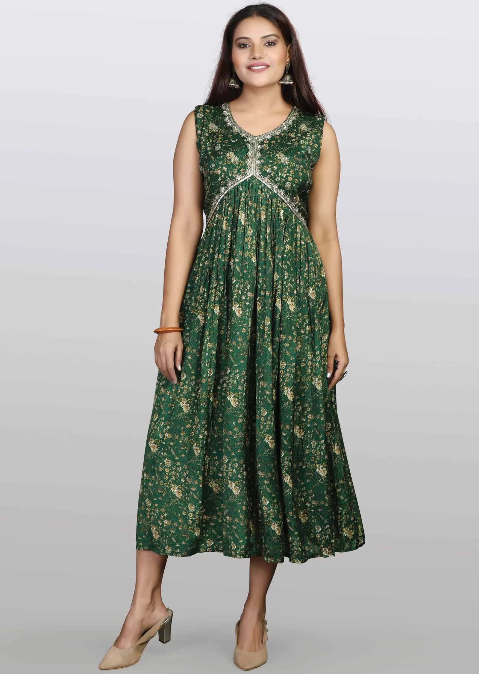 Green Modal Sequins Frock Style Kurti