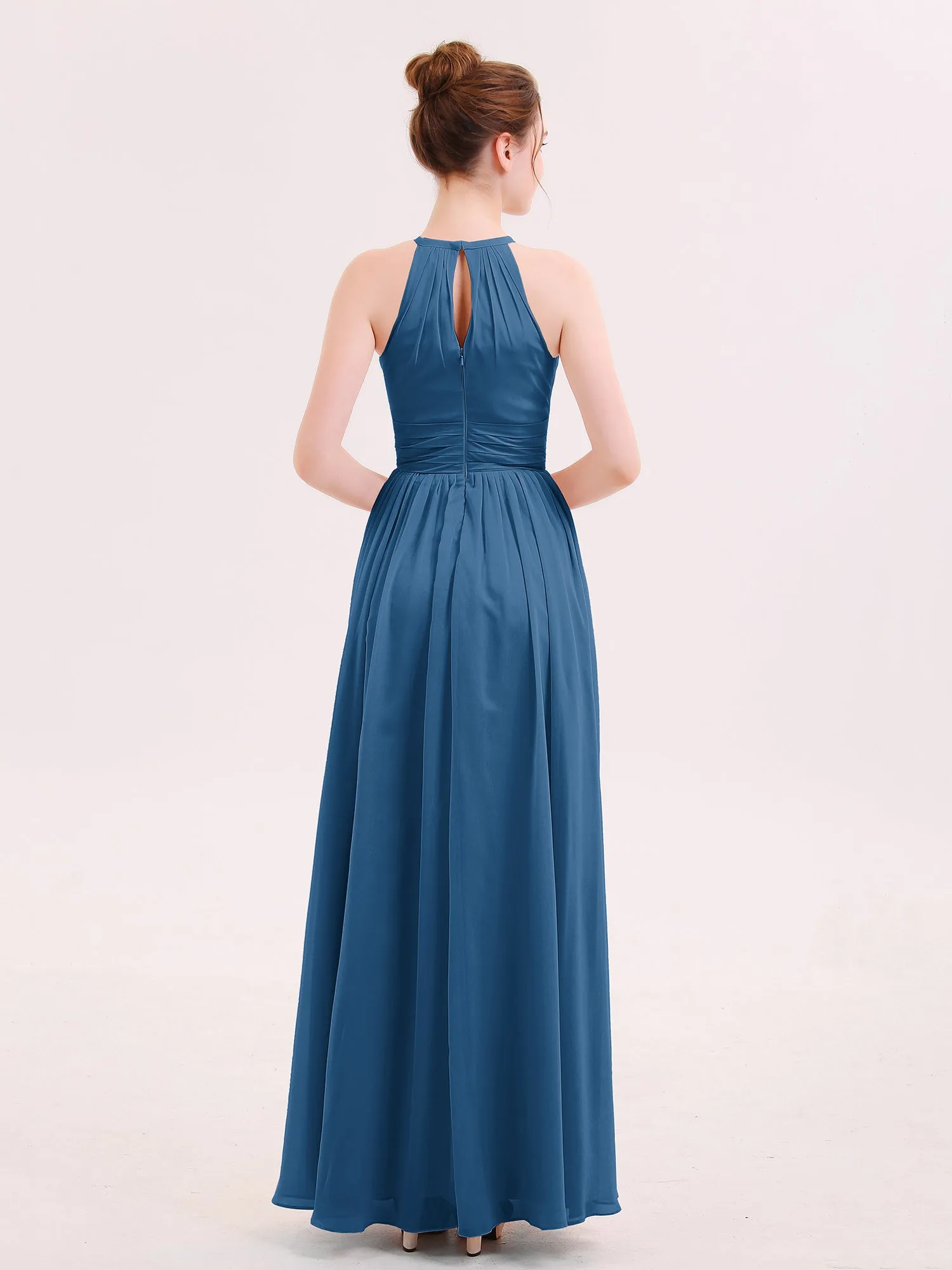 Halter Long Chiffon Dress of Bridesmaids Ink Blue