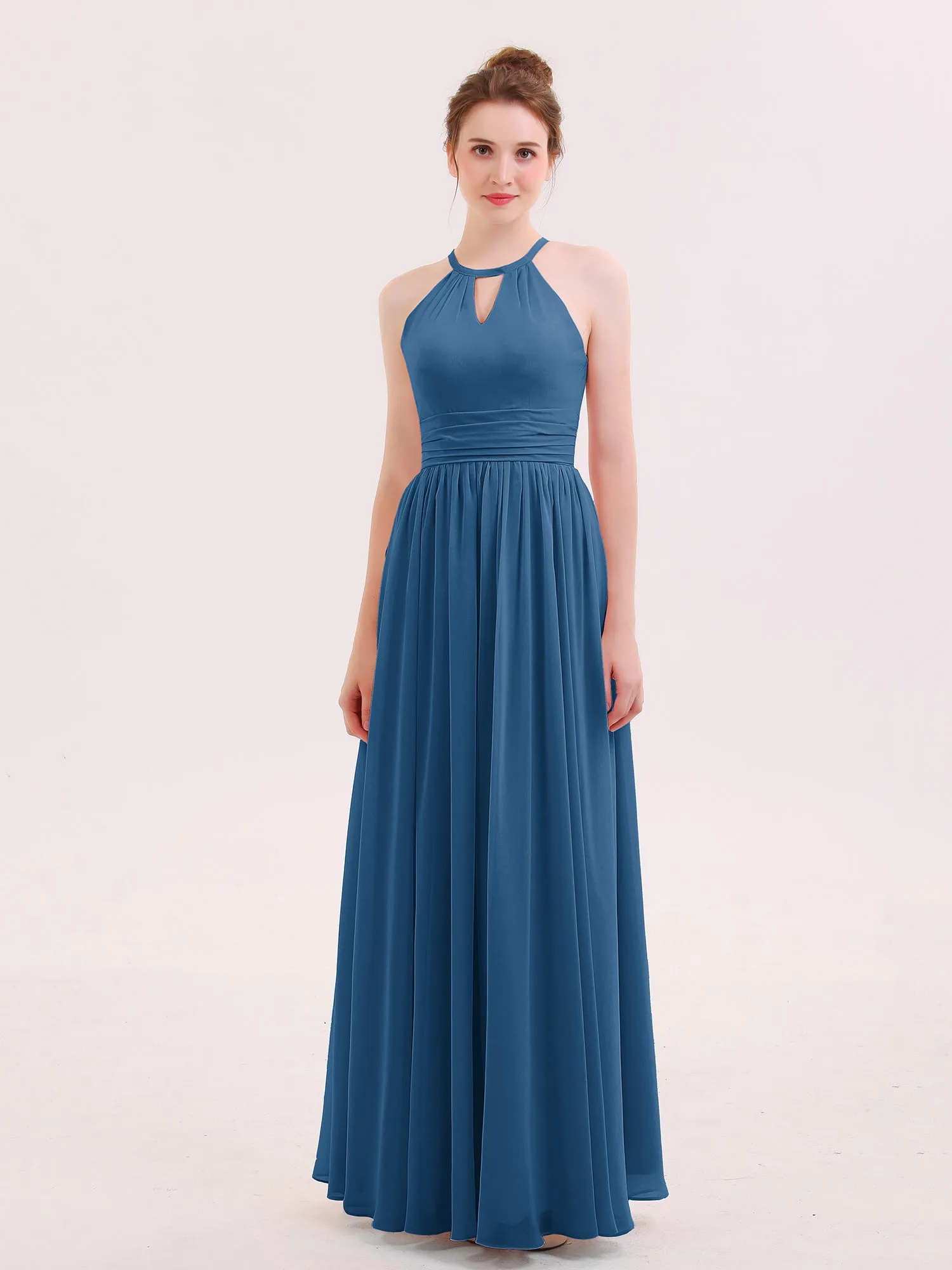 Halter Long Chiffon Dress of Bridesmaids Ink Blue
