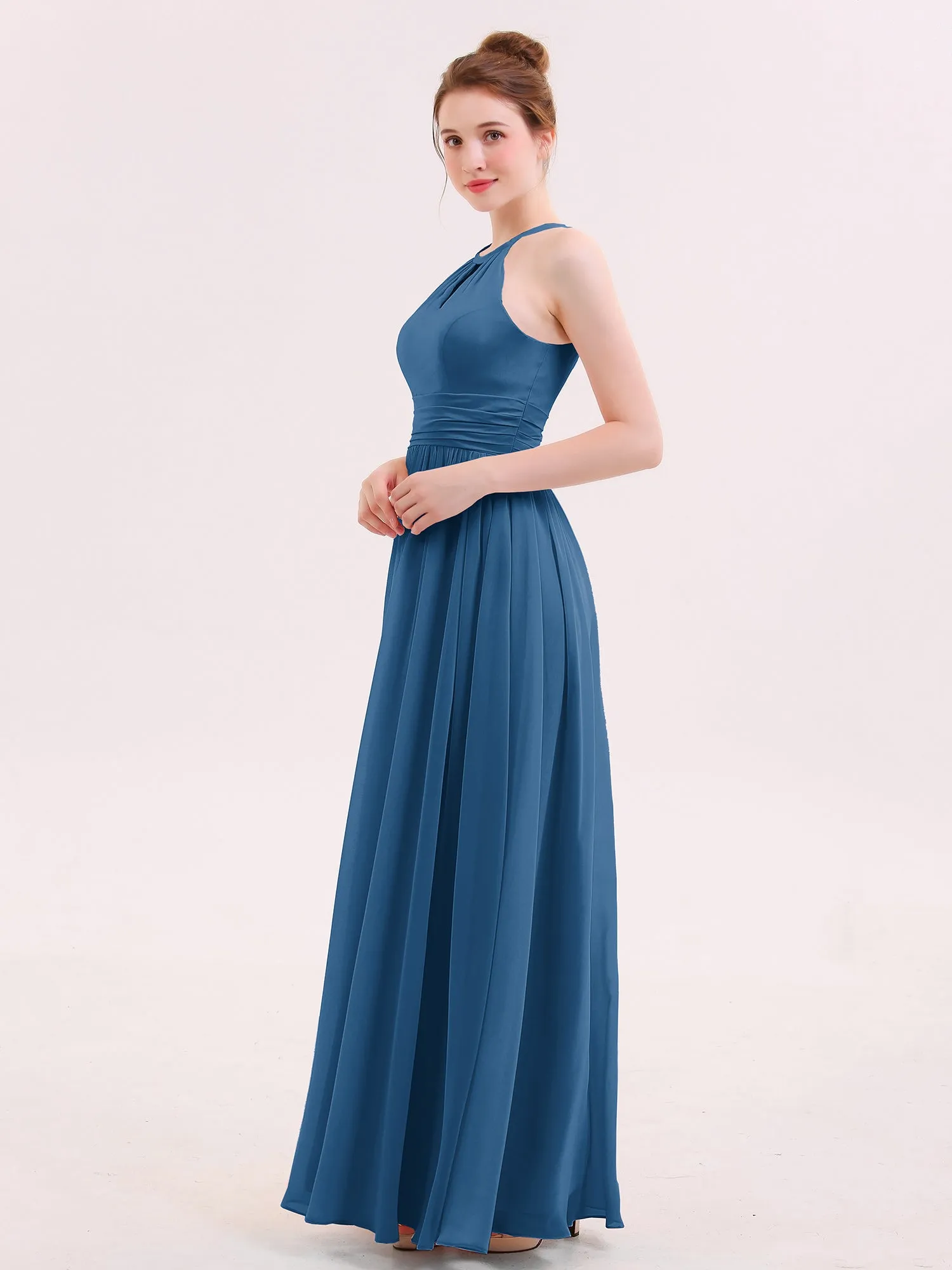 Halter Long Chiffon Dress of Bridesmaids Ink Blue
