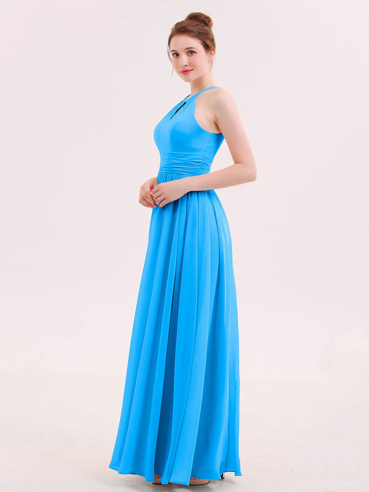 Halter Long Chiffon Dress of Bridesmaids Ocean Blue