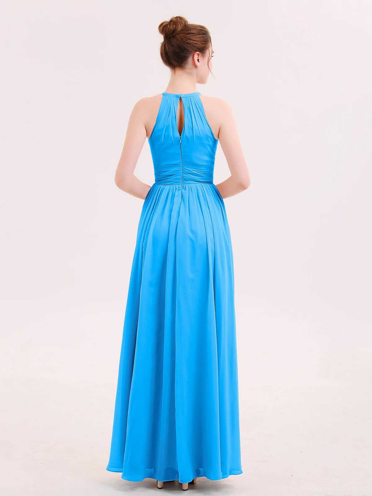 Halter Long Chiffon Dress of Bridesmaids Ocean Blue