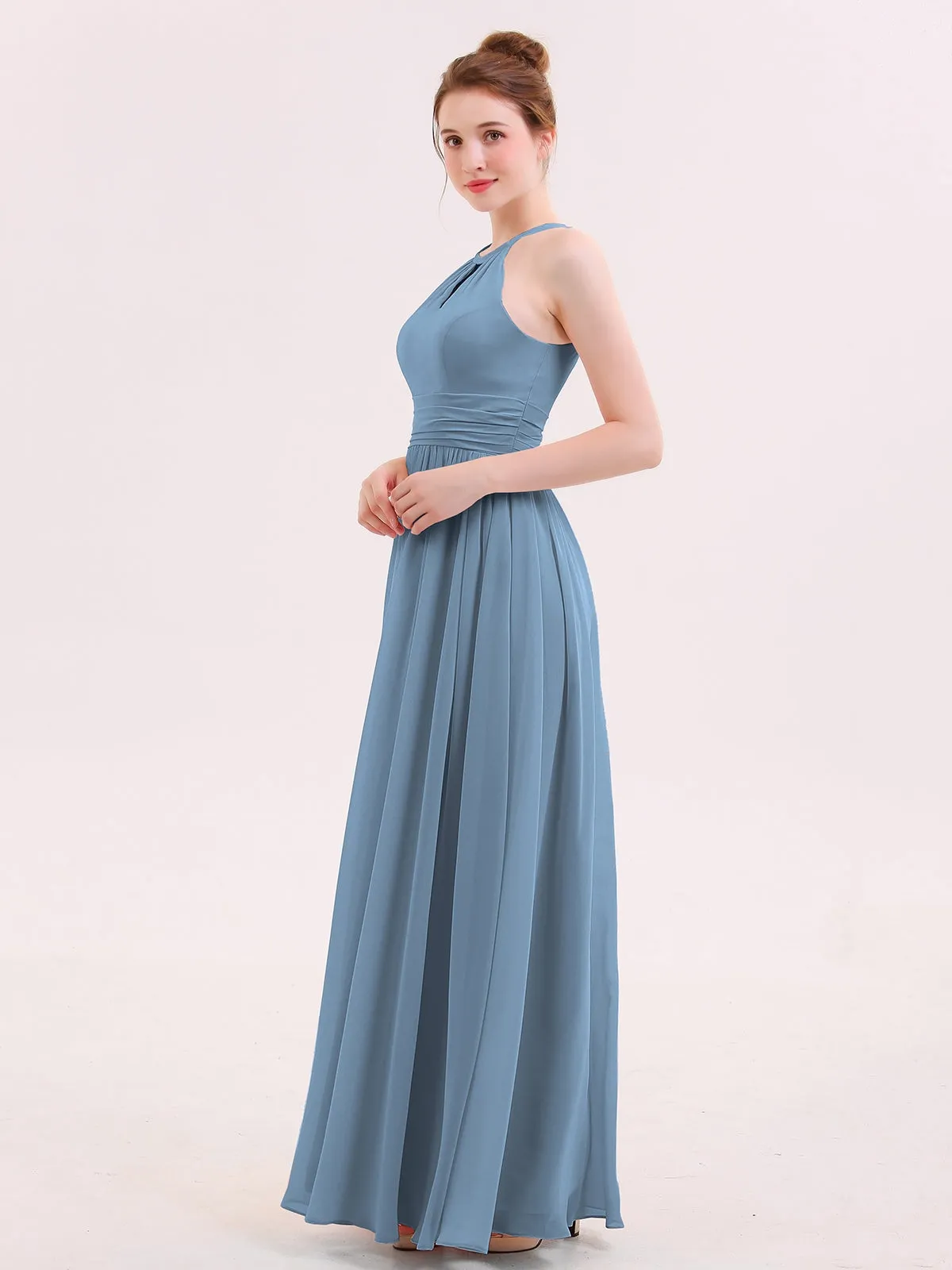Halter Long Chiffon Dress of Bridesmaids Slate Blue