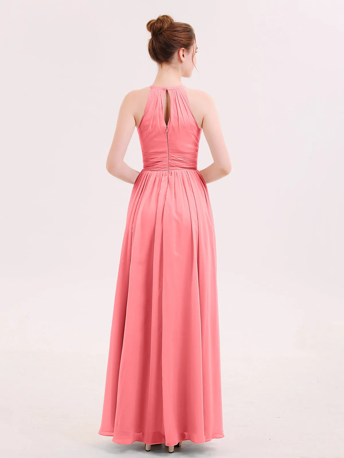 Halter Long Chiffon Dress of Bridesmaids Watermelon Plus Size