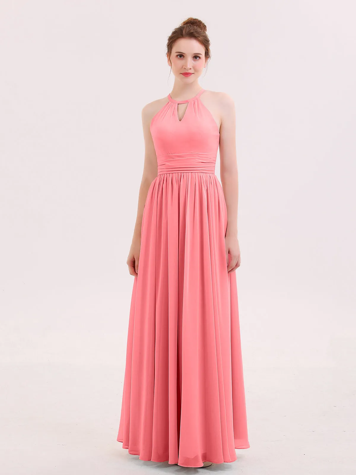 Halter Long Chiffon Dress of Bridesmaids Watermelon Plus Size