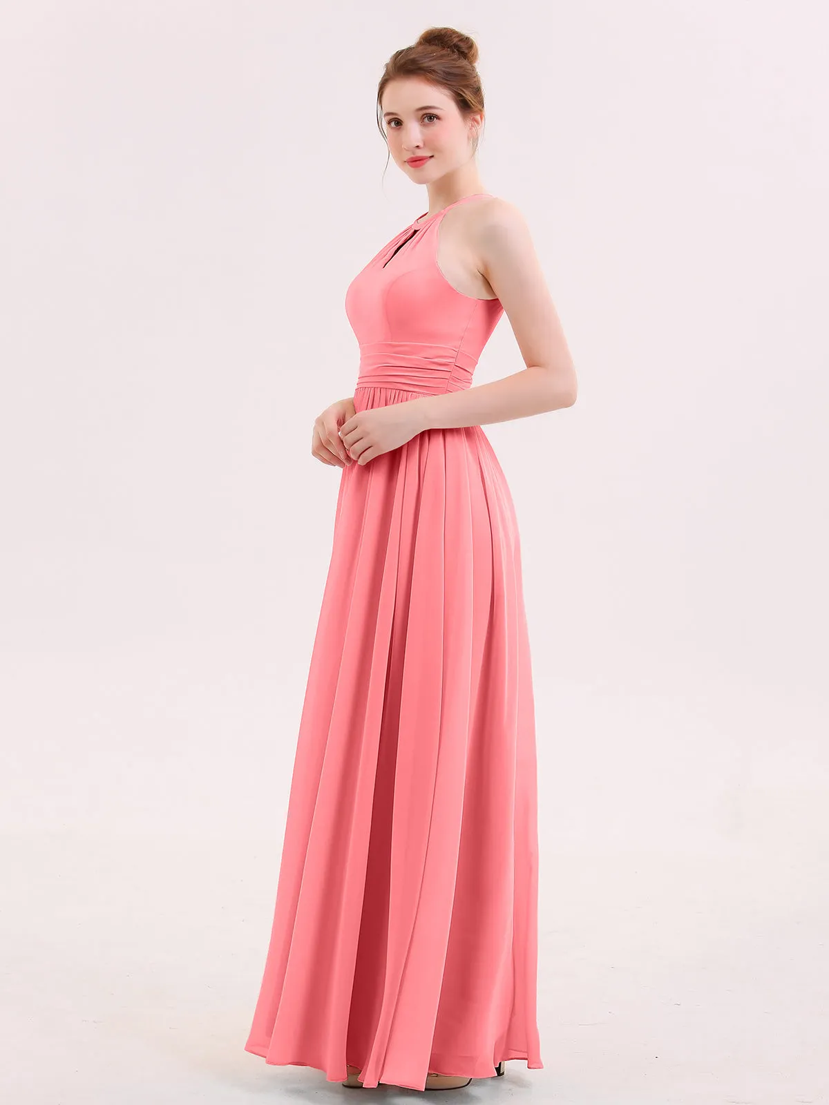 Halter Long Chiffon Dress of Bridesmaids Watermelon Plus Size