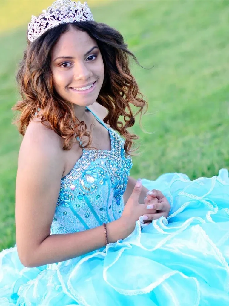 Halter Tulle Ball Gown Quinceanera Dresses With Rhinestones