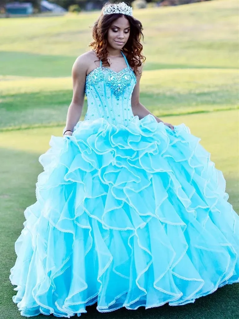 Halter Tulle Ball Gown Quinceanera Dresses With Rhinestones