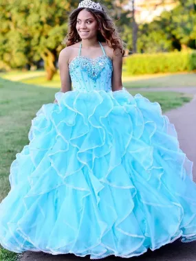 Halter Tulle Ball Gown Quinceanera Dresses With Rhinestones