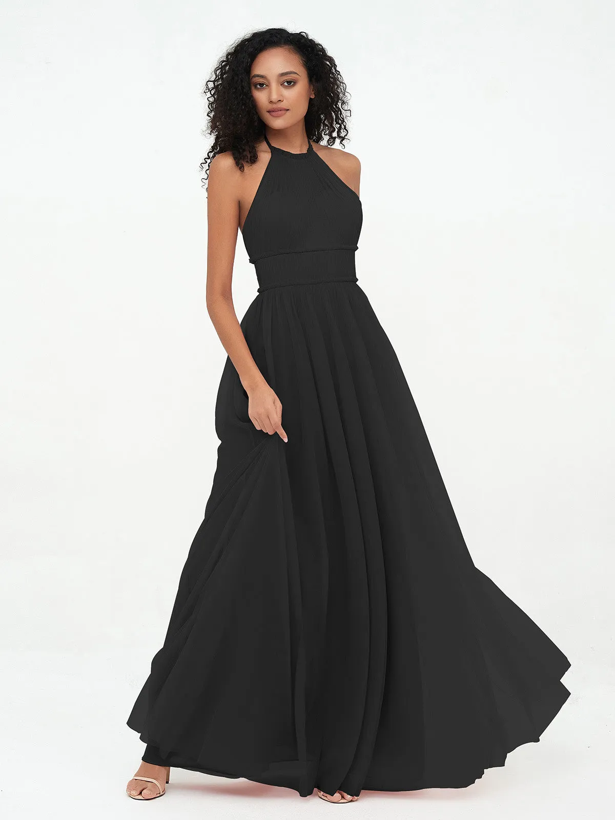 Illusion Halter Tulle Maxi Boho Dresses-Black Plus Size
