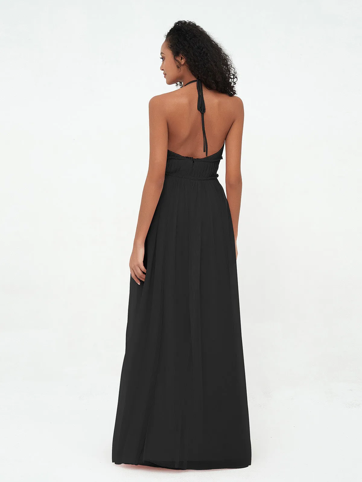 Illusion Halter Tulle Maxi Boho Dresses-Black Plus Size