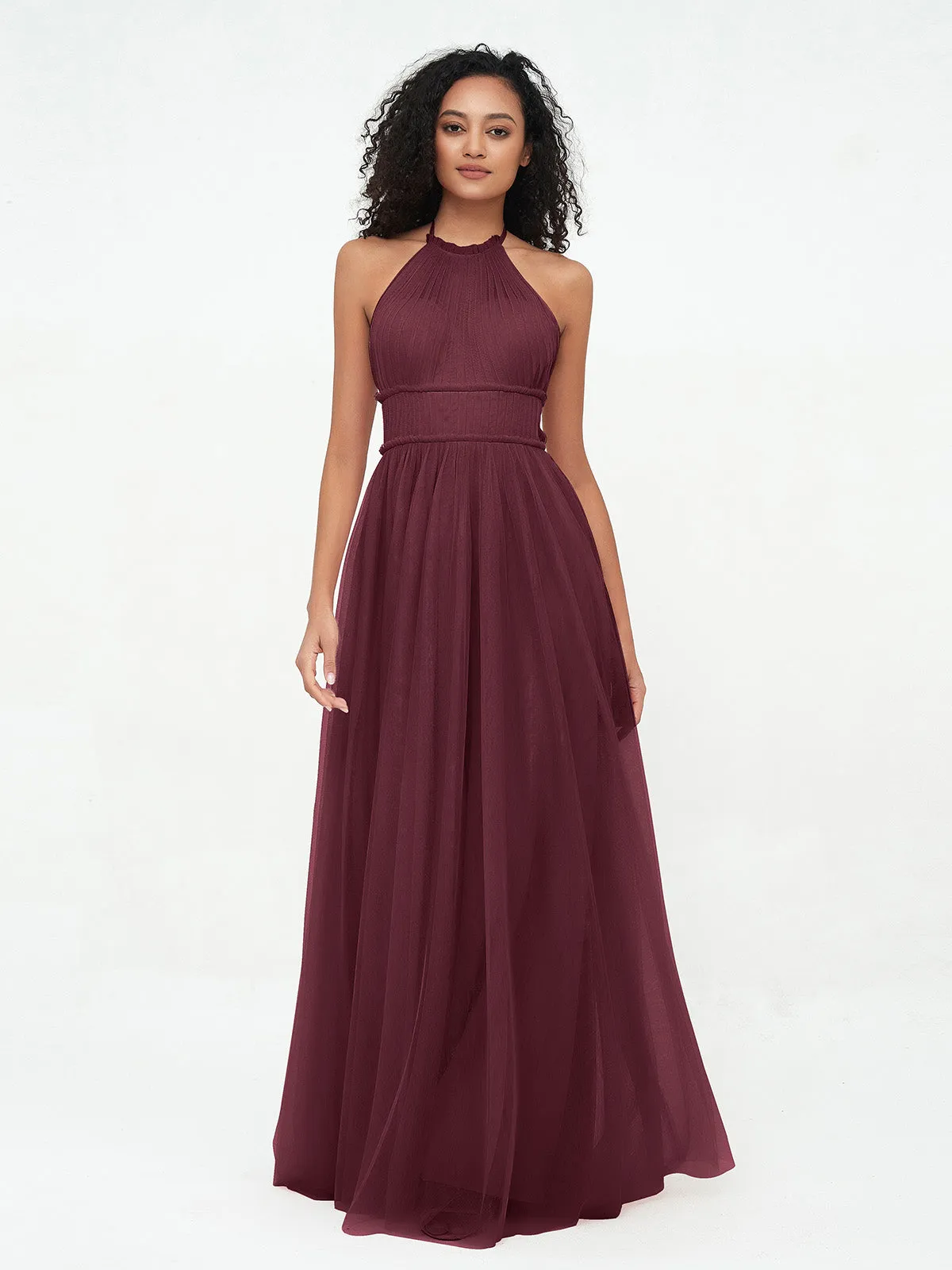 Illusion Halter Tulle Maxi Boho Dresses-Cabernet Plus Size