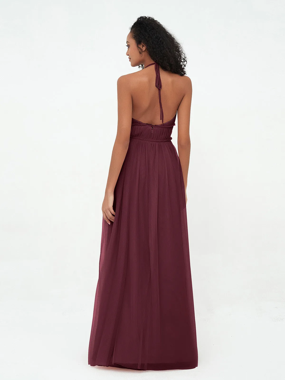 Illusion Halter Tulle Maxi Boho Dresses-Cabernet Plus Size