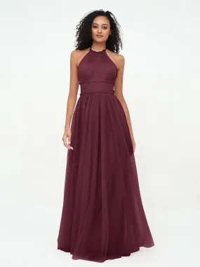 Illusion Halter Tulle Maxi Boho Dresses-Cabernet Plus Size
