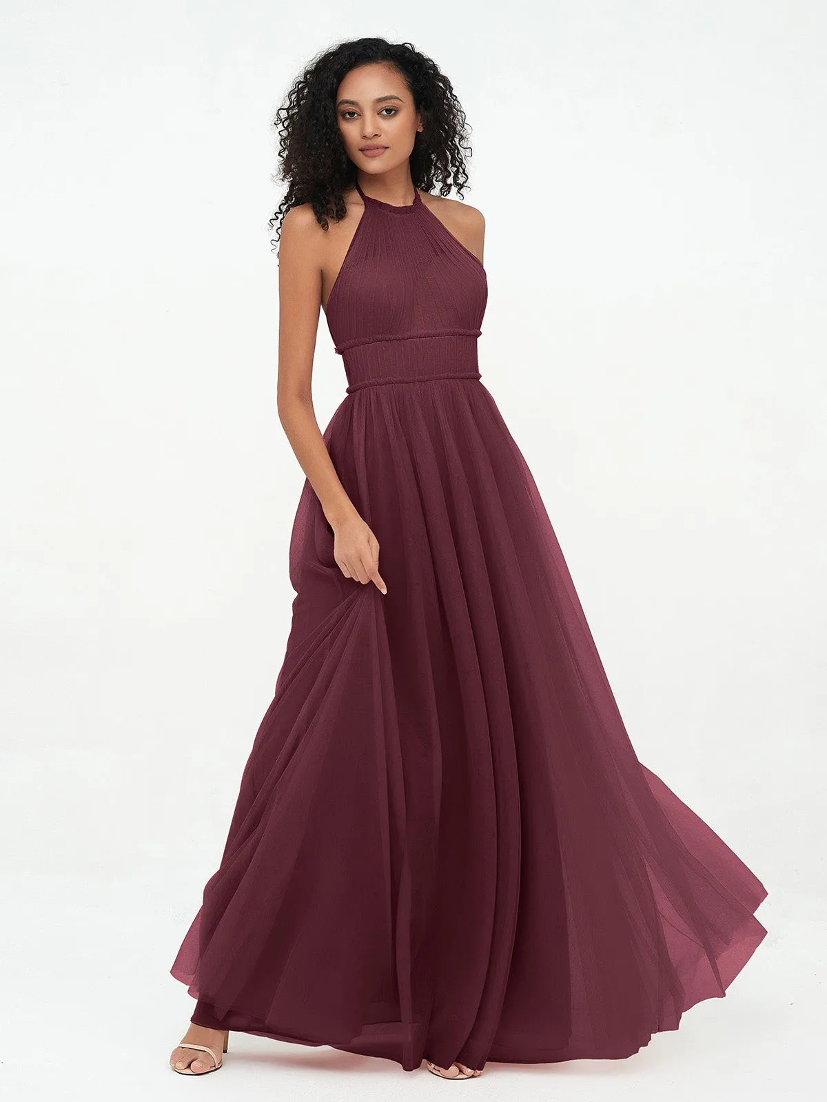 Illusion Halter Tulle Maxi Boho Dresses-Cabernet Plus Size