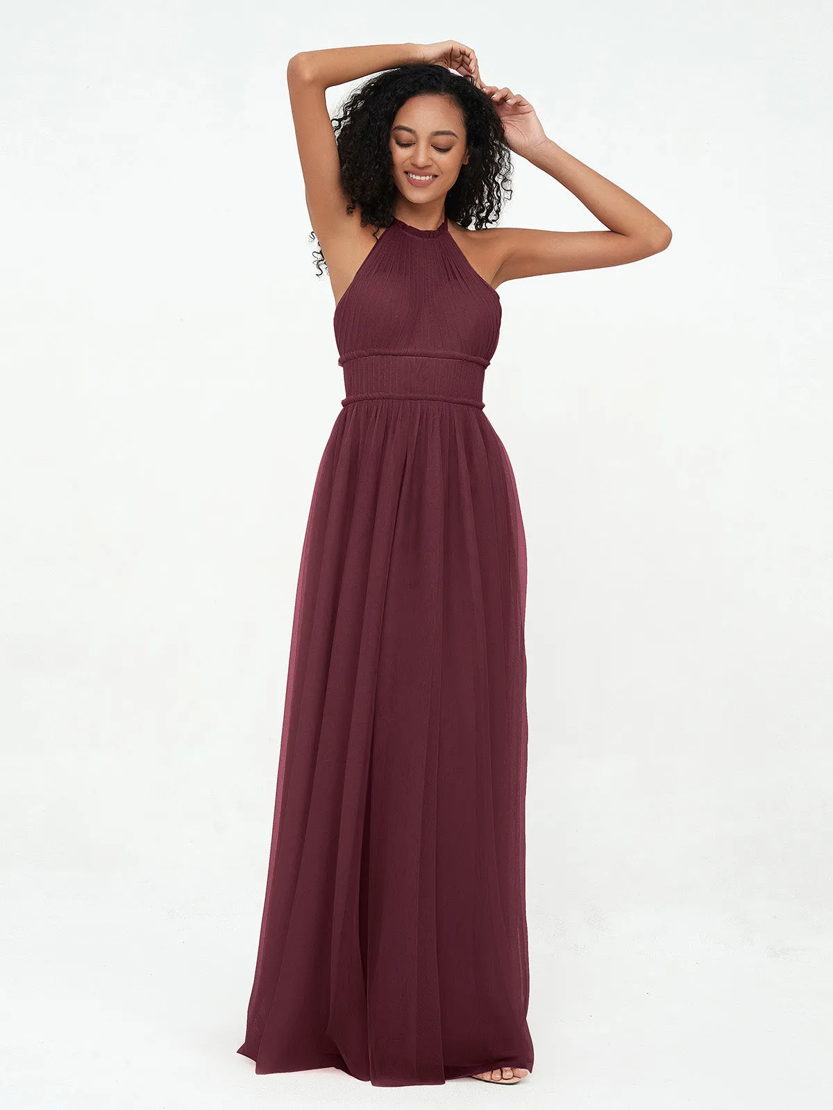 Illusion Halter Tulle Maxi Boho Dresses-Cabernet Plus Size