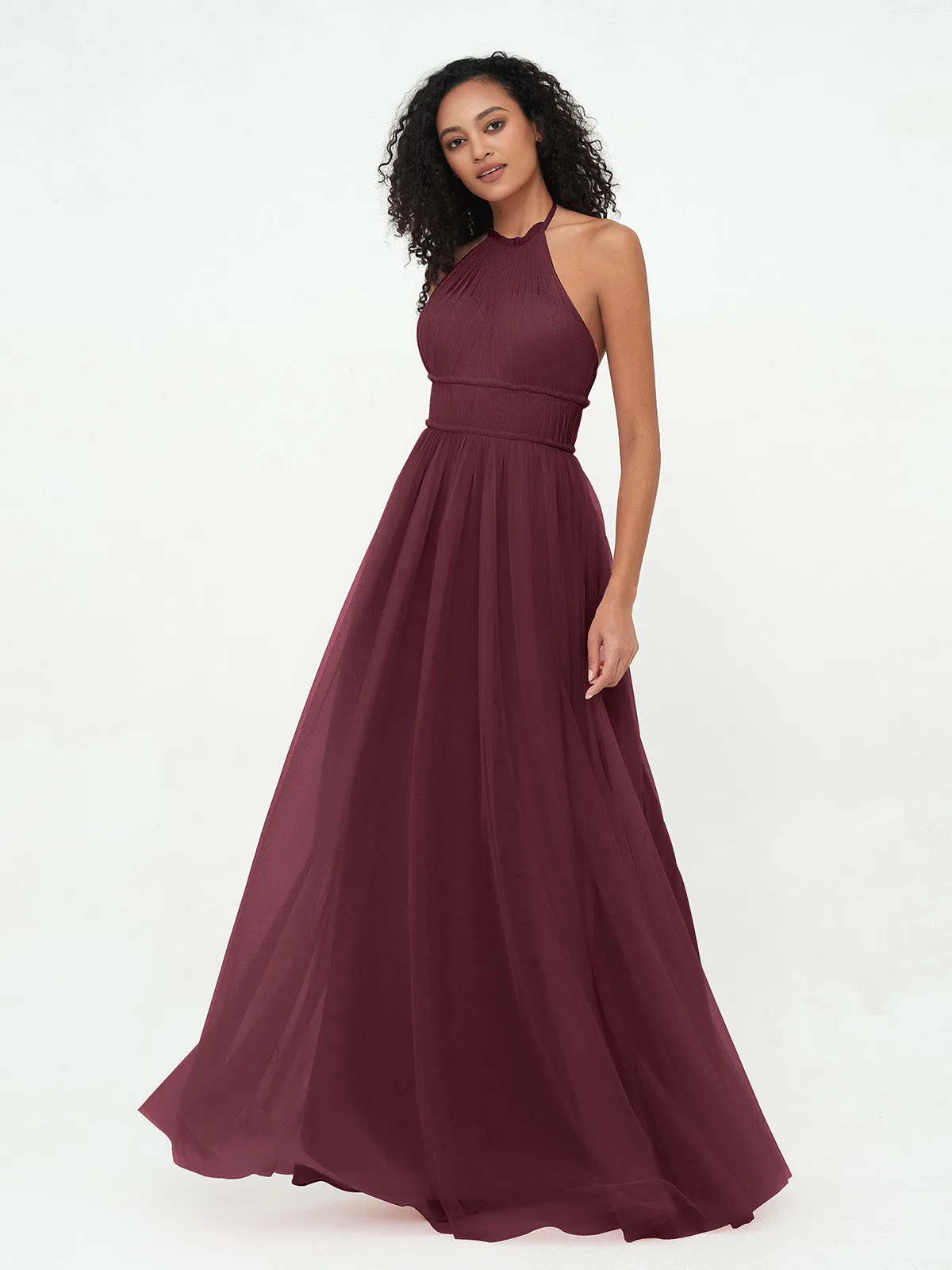 Illusion Halter Tulle Maxi Boho Dresses-Cabernet Plus Size