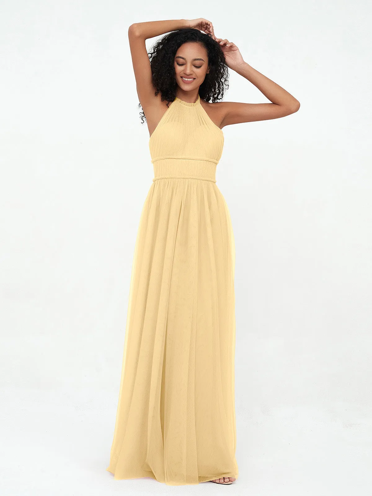 Illusion Halter Tulle Maxi Boho Dresses-Gold