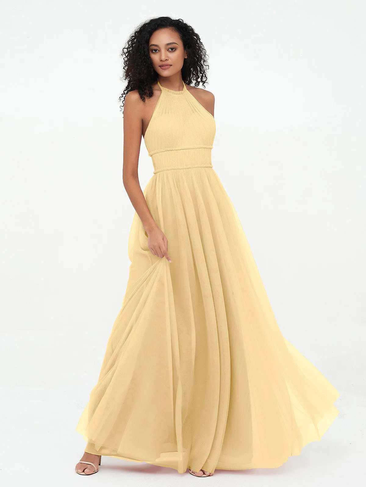 Illusion Halter Tulle Maxi Boho Dresses-Gold