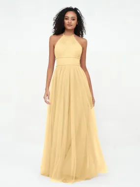 Illusion Halter Tulle Maxi Boho Dresses-Gold