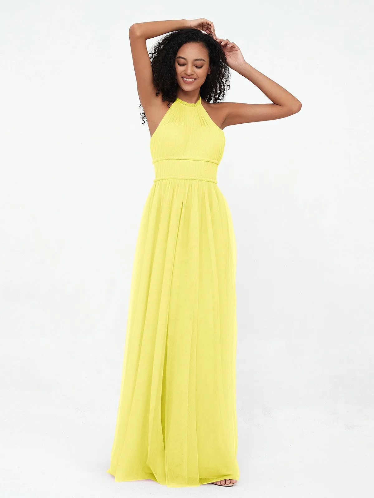 Illusion Halter Tulle Maxi Boho Dresses-Lemon