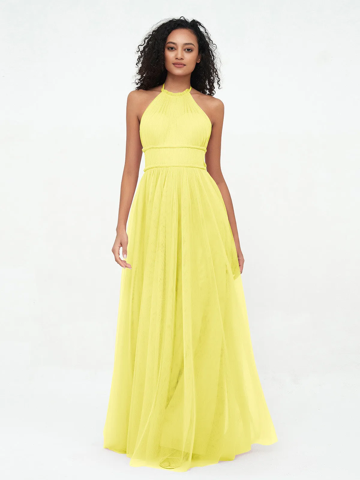 Illusion Halter Tulle Maxi Boho Dresses-Lemon