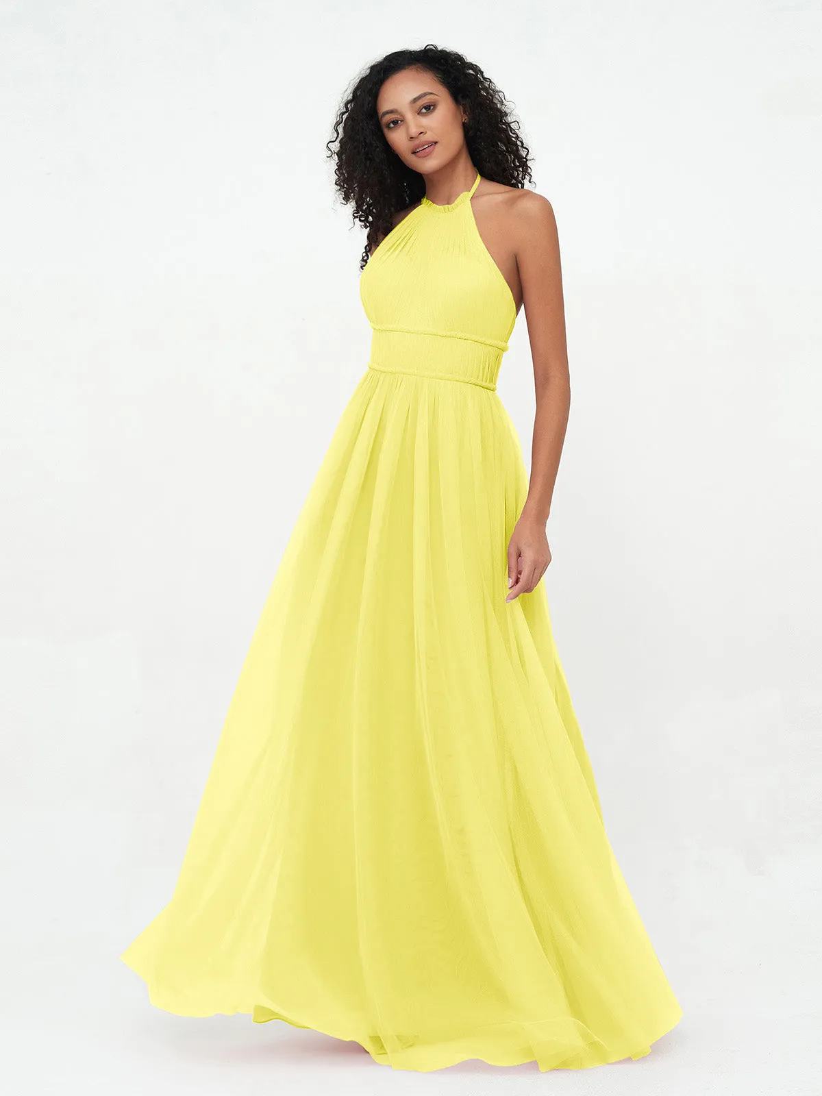 Illusion Halter Tulle Maxi Boho Dresses-Lemon