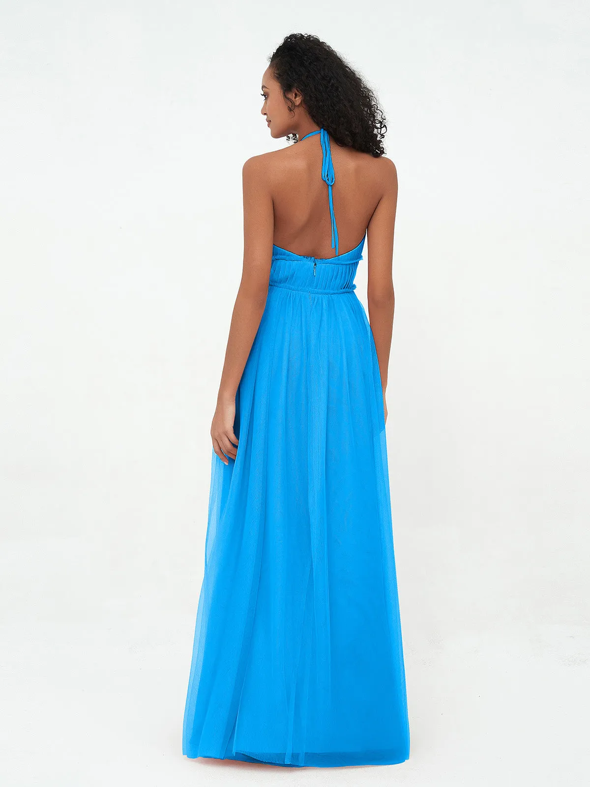 Illusion Halter Tulle Maxi Boho Dresses-Ocean Blue