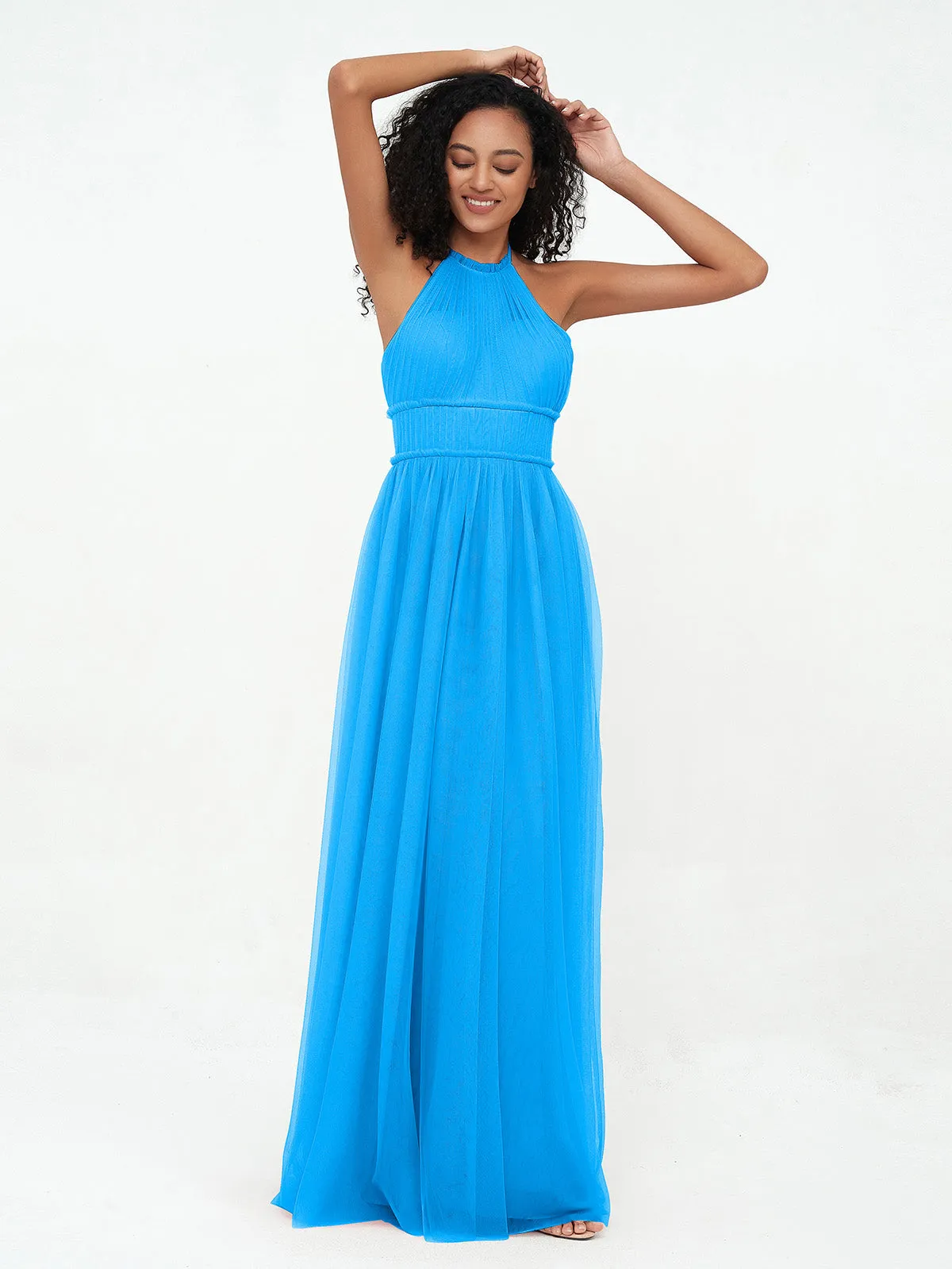 Illusion Halter Tulle Maxi Boho Dresses-Ocean Blue