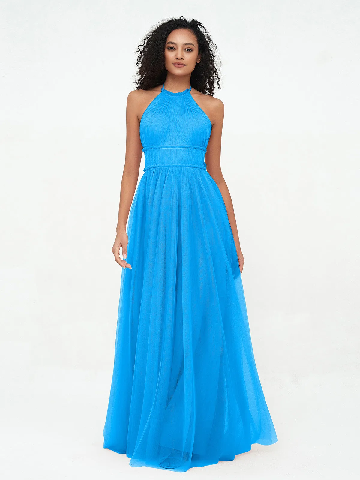 Illusion Halter Tulle Maxi Boho Dresses-Ocean Blue
