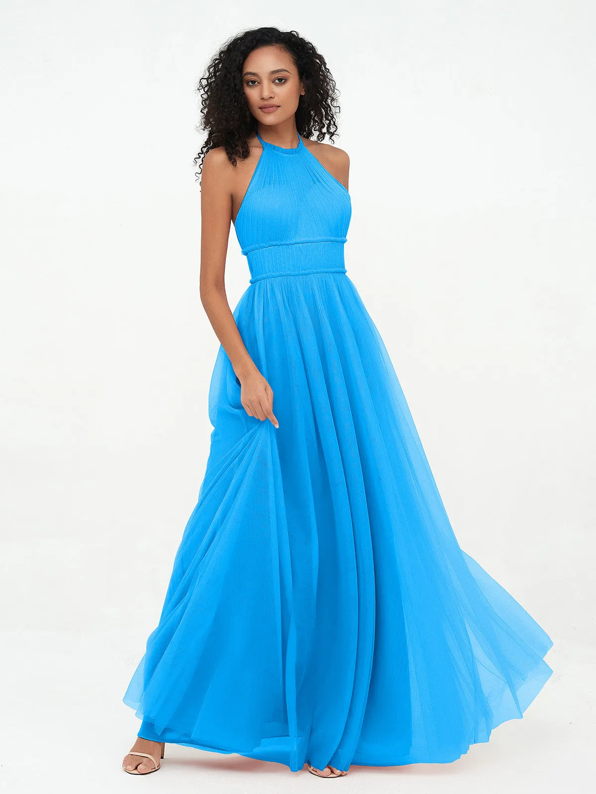 Illusion Halter Tulle Maxi Boho Dresses-Ocean Blue