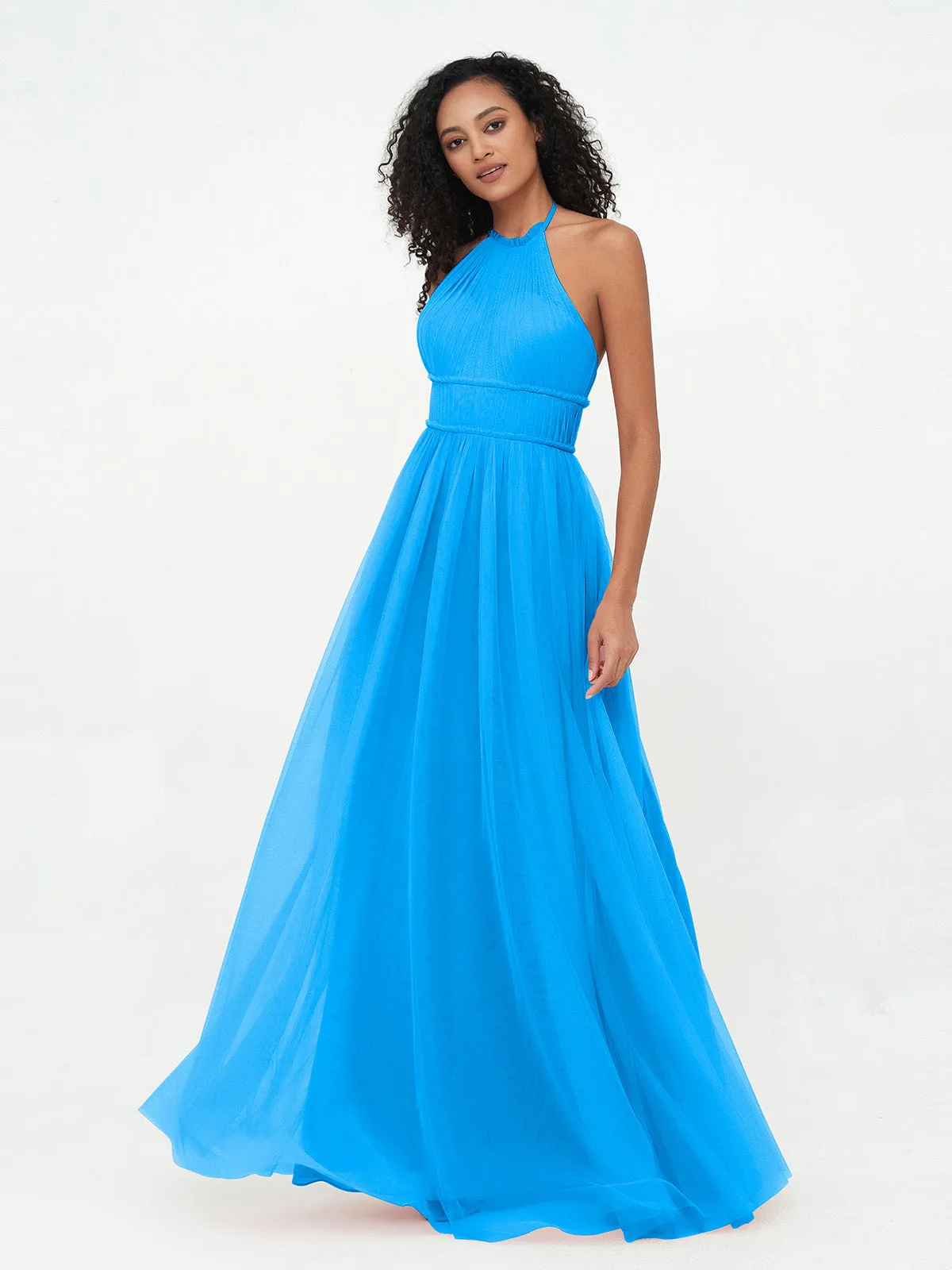 Illusion Halter Tulle Maxi Boho Dresses-Ocean Blue