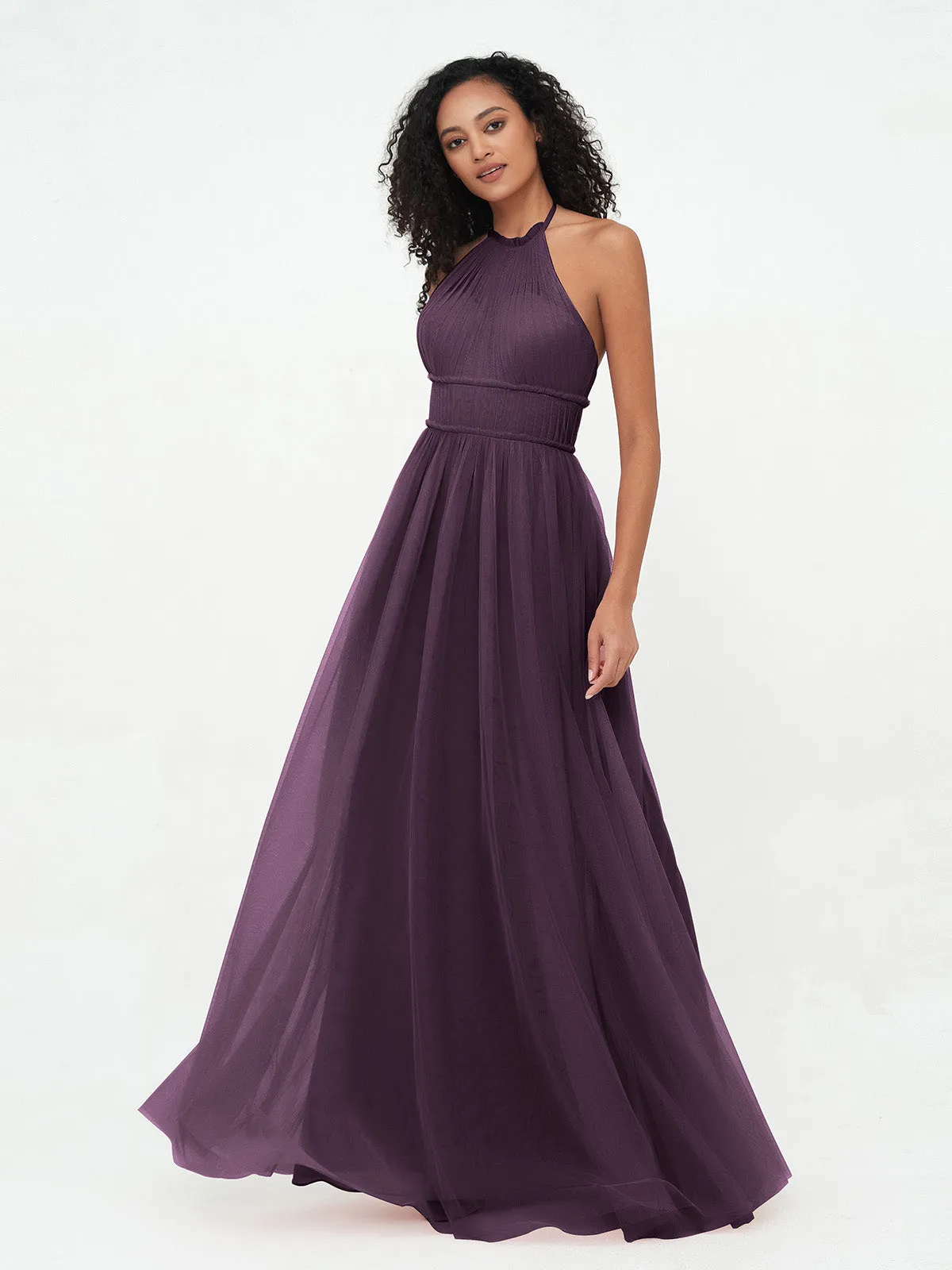 Illusion Halter Tulle Maxi Boho Dresses-Plum