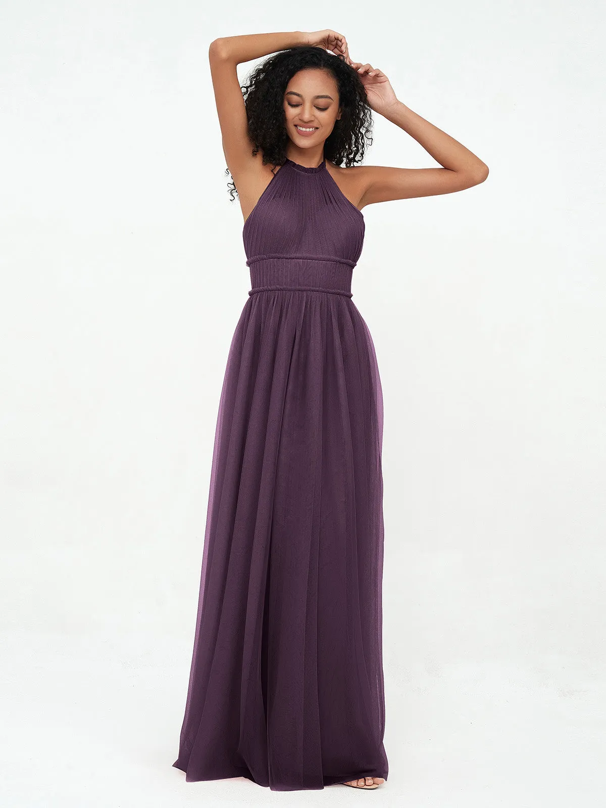 Illusion Halter Tulle Maxi Boho Dresses-Plum