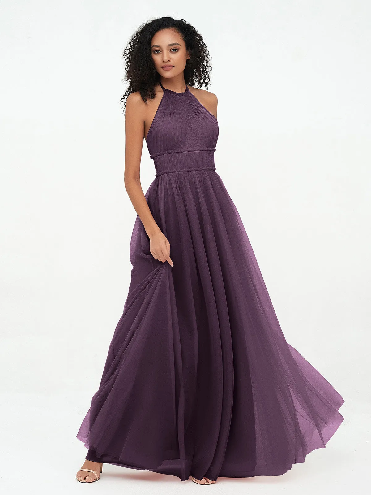 Illusion Halter Tulle Maxi Boho Dresses-Plum