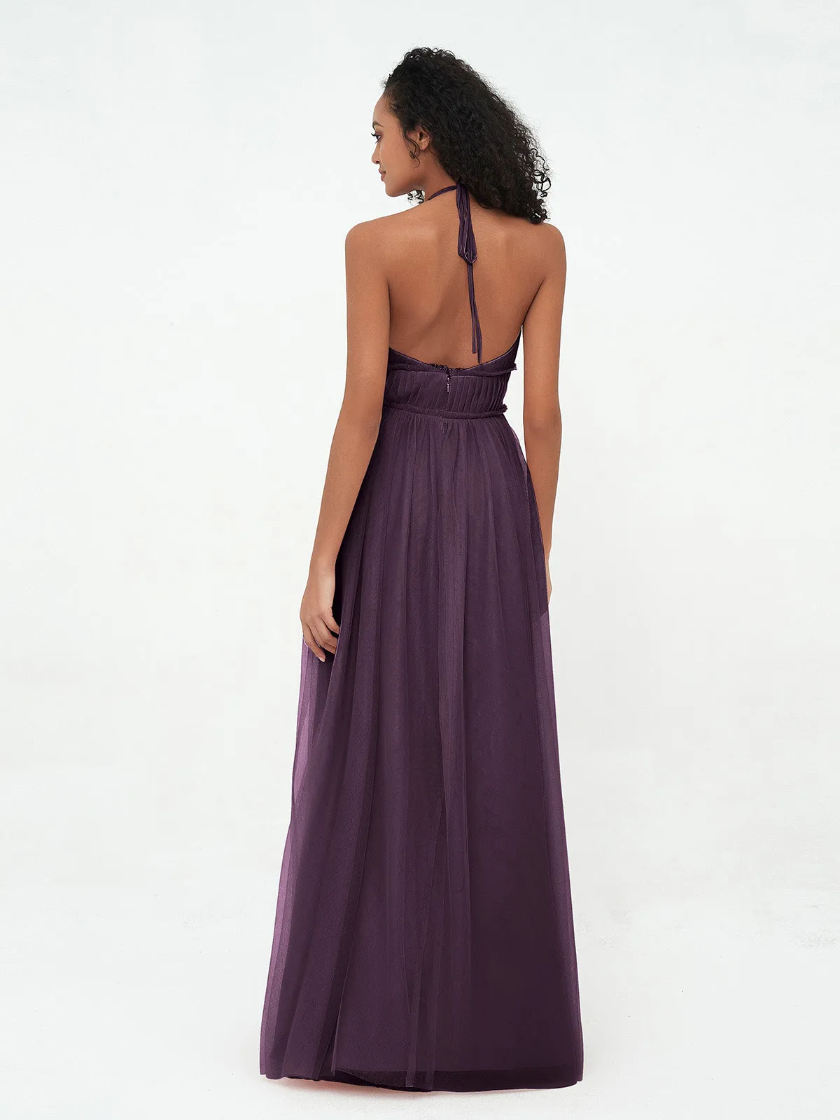 Illusion Halter Tulle Maxi Boho Dresses-Plum