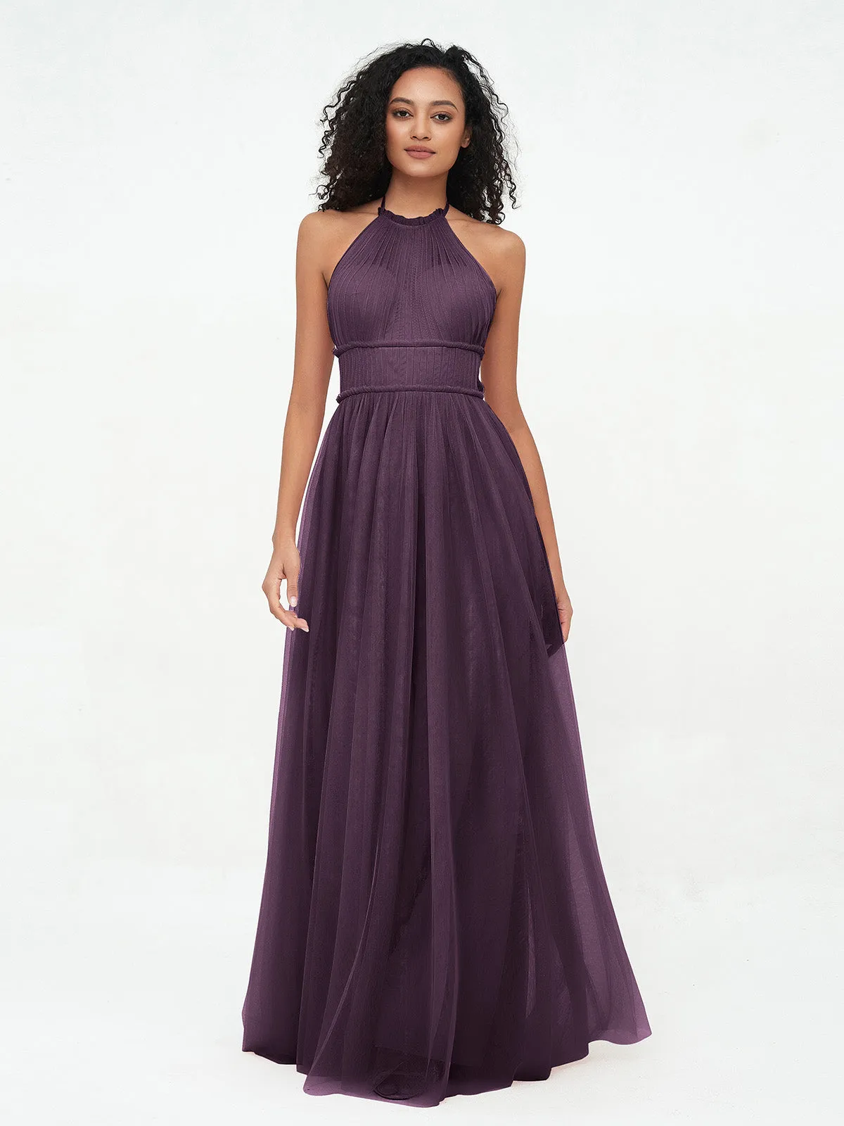 Illusion Halter Tulle Maxi Boho Dresses-Plum