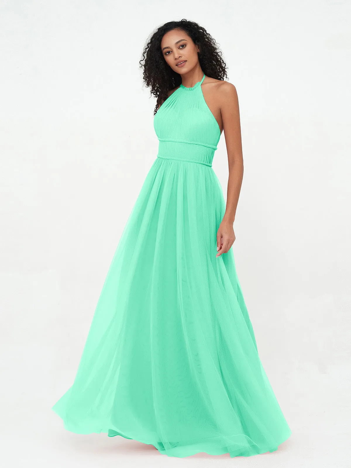 Illusion Halter Tulle Maxi Boho Dresses-Turquoise Plus Size