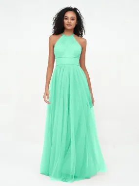 Illusion Halter Tulle Maxi Boho Dresses-Turquoise Plus Size