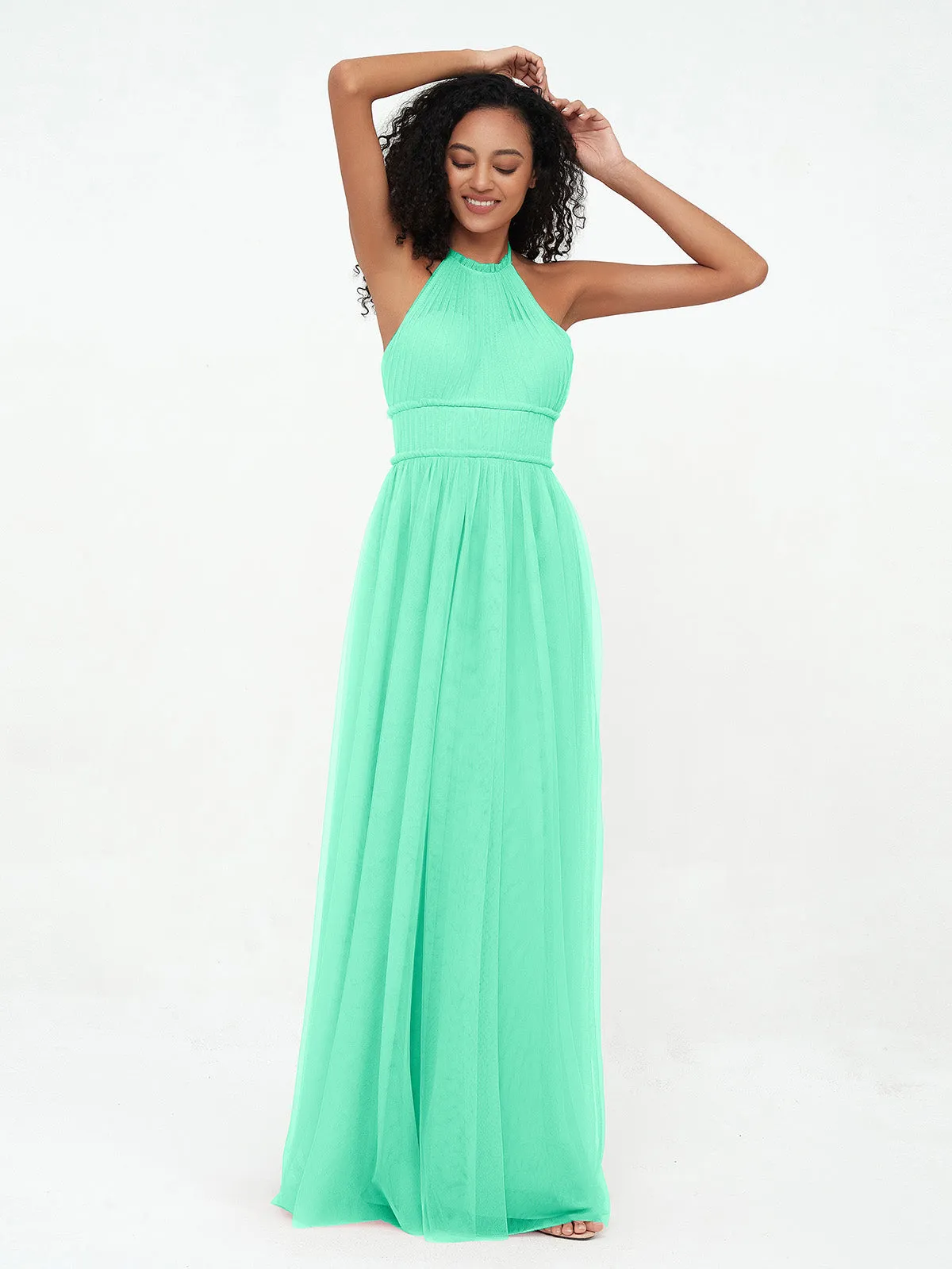 Illusion Halter Tulle Maxi Boho Dresses-Turquoise Plus Size