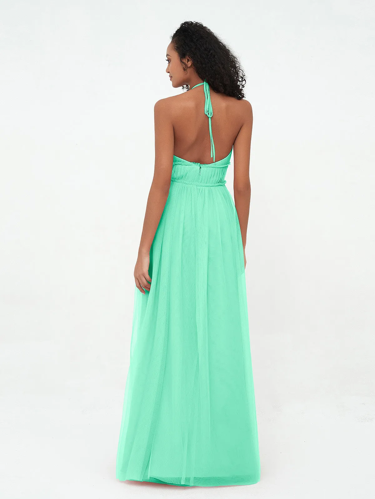 Illusion Halter Tulle Maxi Boho Dresses-Turquoise Plus Size