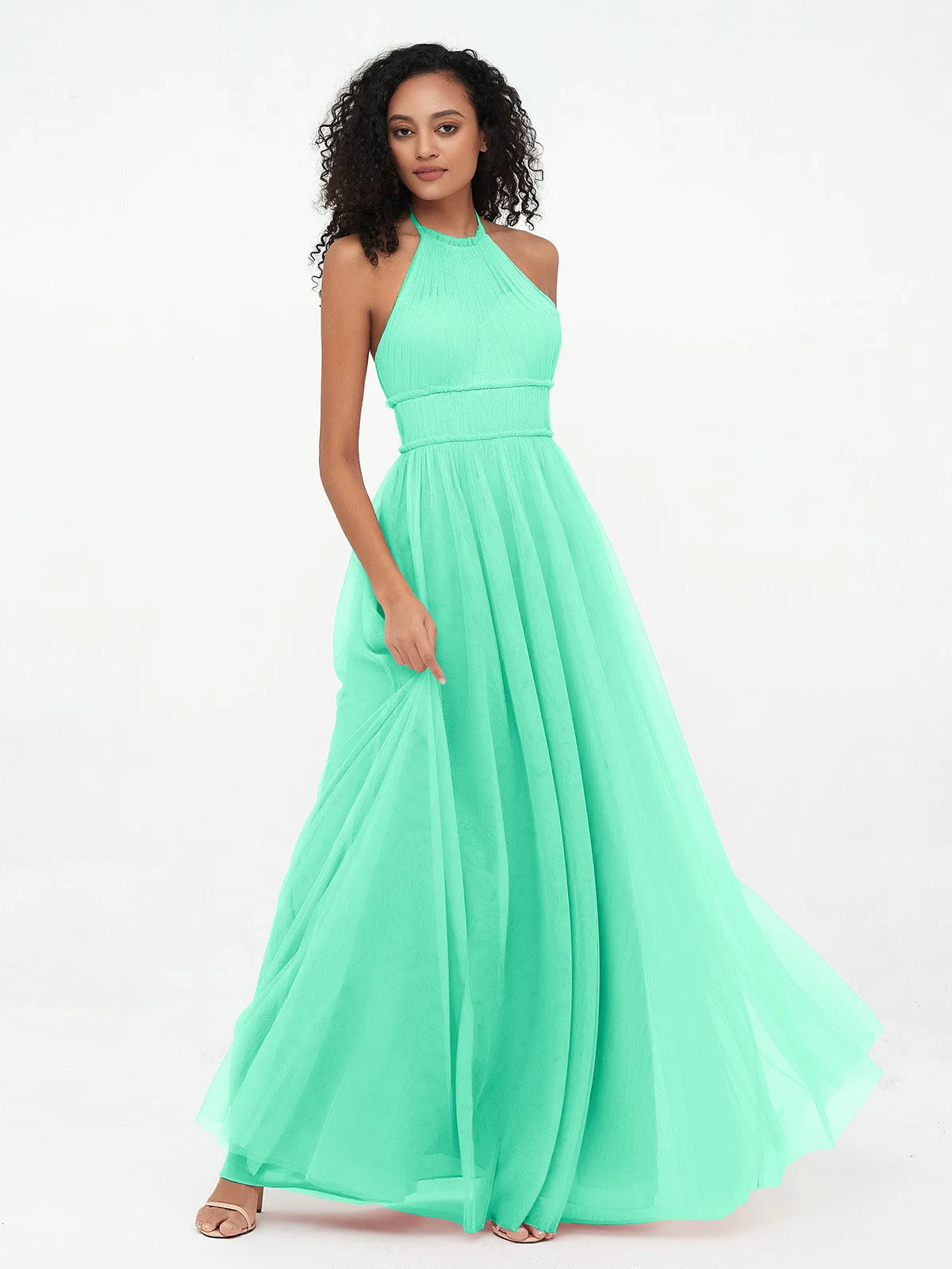 Illusion Halter Tulle Maxi Boho Dresses-Turquoise Plus Size