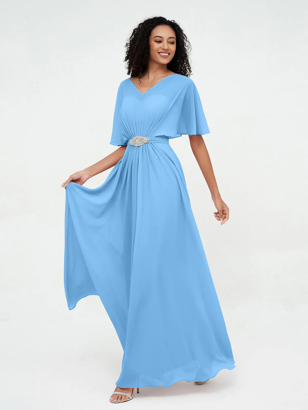 Illusion Sweetheart Neck Chiffon Max Dresses-Blue Plus Size