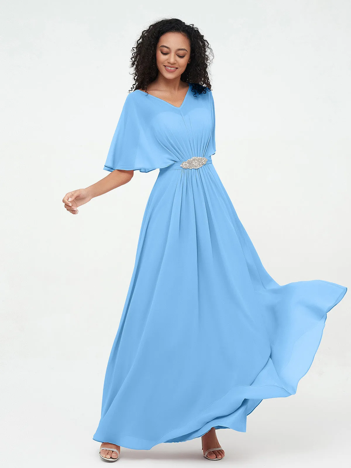 Illusion Sweetheart Neck Chiffon Max Dresses-Blue Plus Size