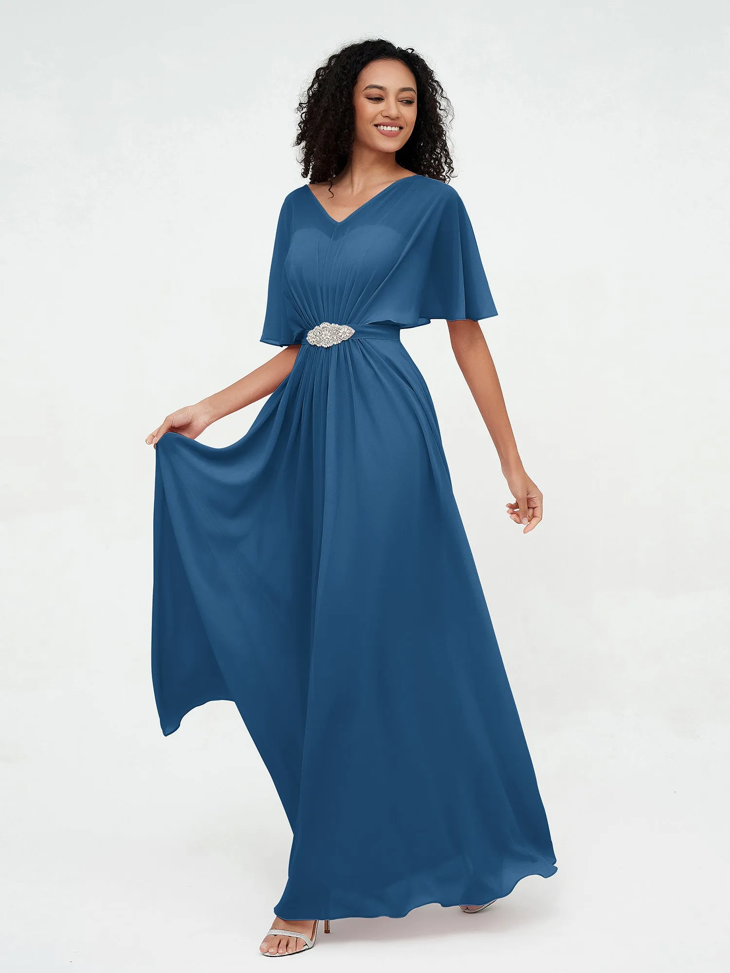 Illusion Sweetheart Neck Chiffon Max Dresses-Ink Blue Plus Size