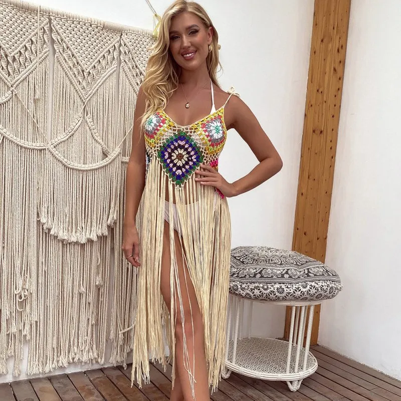 Internet Summer Sexy Beach Hollow Out Cutout Hook Floral Stitching Tassel Sling Dress